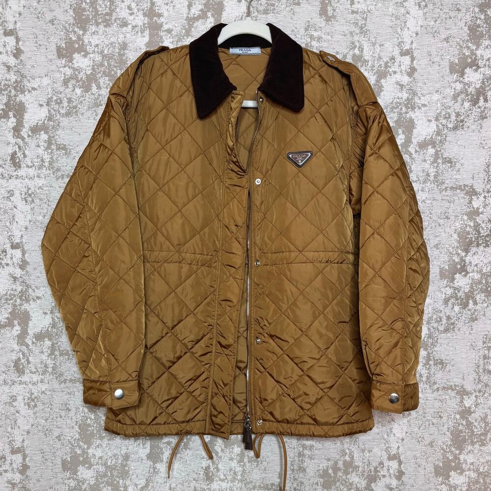 Prada Lightweight Re-Nylon Quilted Blouson Corduroy Collar Jacket in Cork Beige - Picture 2 of 8